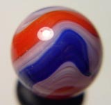 Red, white, and blue Popeye marble and link to Akro Agate Popeye marbles on ebay